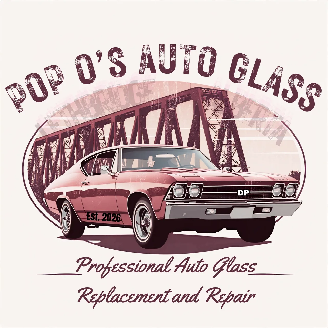 Pop O's Auto Glass logo featuring a classic muscle car in front of the Lethbridge High Level Bridge
